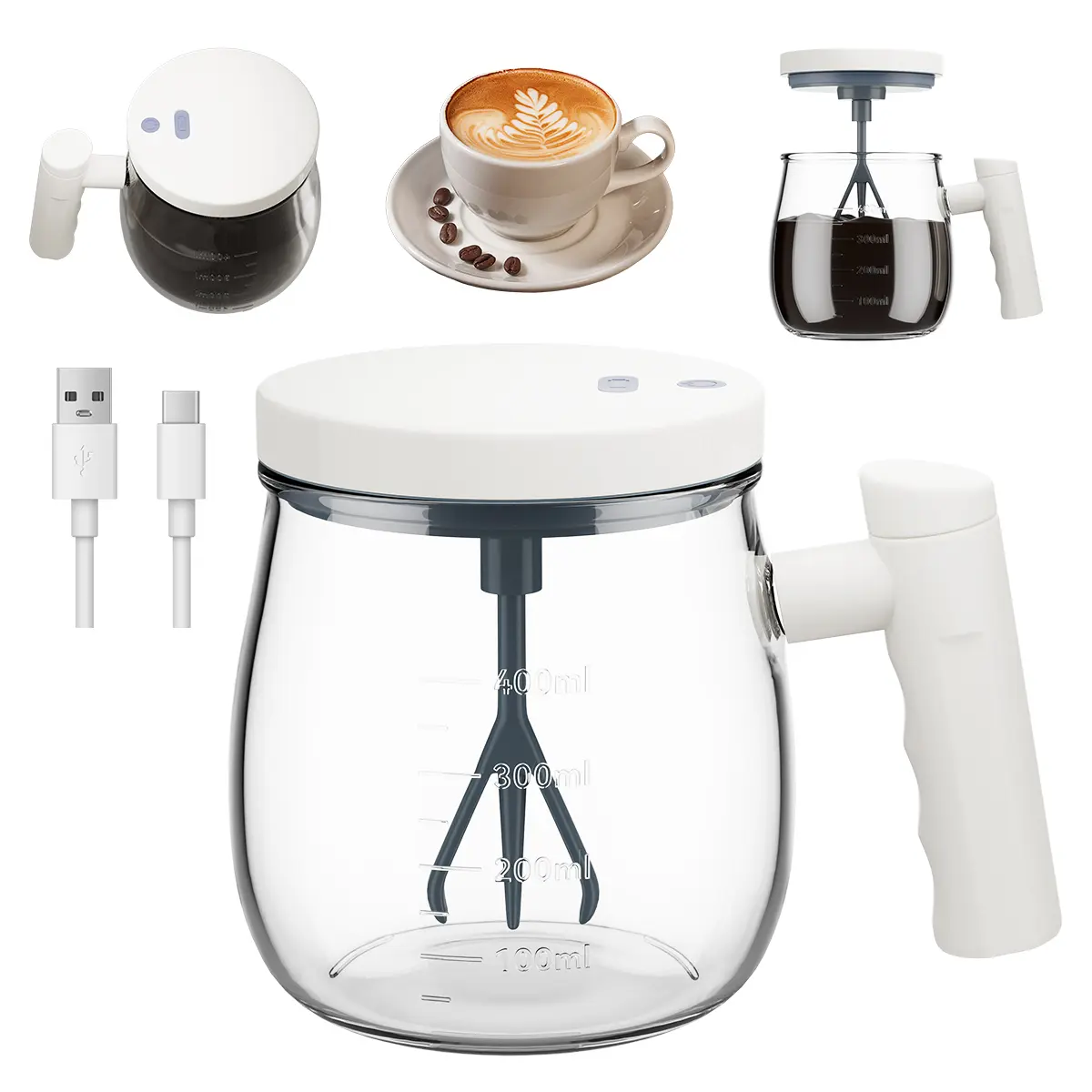 Self Stirring Electric Coffee Mug 400ml – Rechargeable Auto Mixing Cup with Handle & Lid, High-Speed Stirring for Milk, Coffee, Protein Shakes & Hot Beverages – Portable Lightweight Design