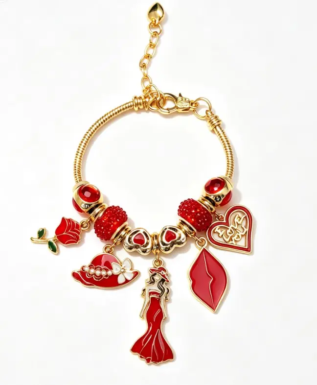 Red Rose Lady Charm Bracelet for Women, Gold Snake Chain Beaded Bangle with Lip Hat Heart Pendant, Adjustable 9.45 Inch Ladies Dainty Valentine Jewelry