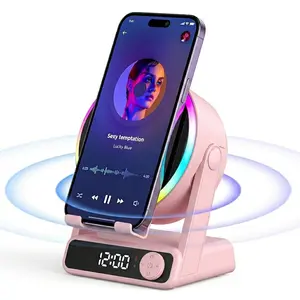 5 in 1 Smart Induction Bluetooth Speaker & Digital Alarm Clock - Wireless Phone Stand Audio Amplifier, RGB Nightlight Desk Accessory, Gift for Men Him