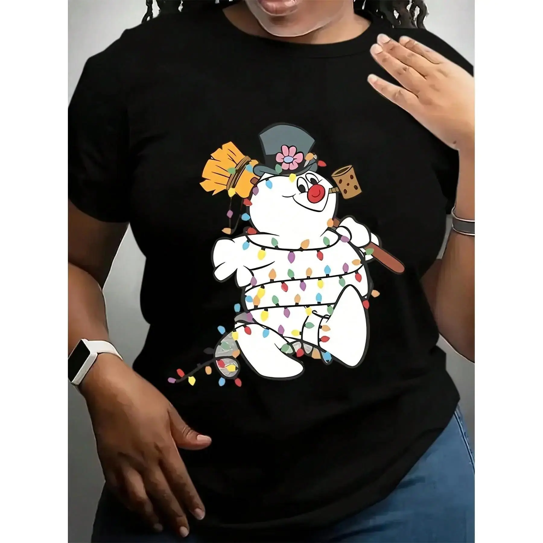 Women's Casual Chic 100% Cotton Short Sleeve Round Neck Regular Fit Orange Christmas Snowman Graphic T-Shirt