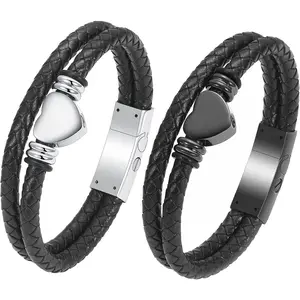 Cremation Bracelet with Clasp Beads Cowhide Multi-Layer Braided Leather Urn Bracelet for Men Women