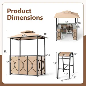 COSTWAY - 6.5 x 4 x 8 FT Grill Gazebo Set with 2 Bar Stools and Bar Table-Brown