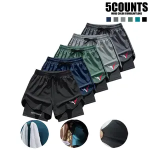 Pack of 5 men’s athletic shorts: 2-in-1 design with built-in liner for a faux two-piece look; suitable for summer running, fitness, basketball training, and casual sports.