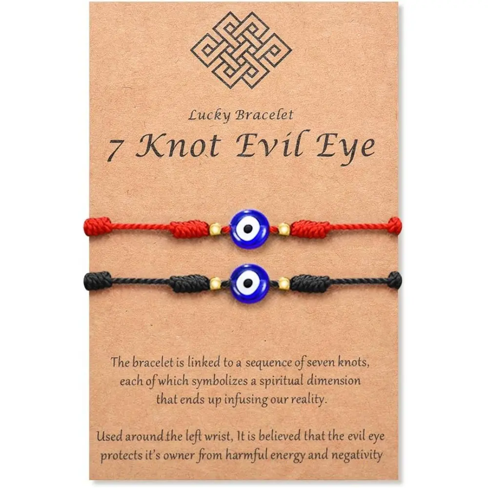 Women's 7-Knot Evil Eye Adjustable Beaded Strand Bracelet Stack, Ethnic Fashionable Synthetic Protection Amulet, Hand-Knotted Beads, Meaningful Display Card, Spiritual Gift (Festive & Party Supplies), Bracelet Style, Exquisite Trendy Bracelet