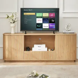 64-Inch Wavy TV Stand, Rounded Sideboard, Storage Cabinet, Wooden Vertical Stripe Cabinet for Living Room/Bedroom/Entryway. Natural,64''W x 15''D x 24''H