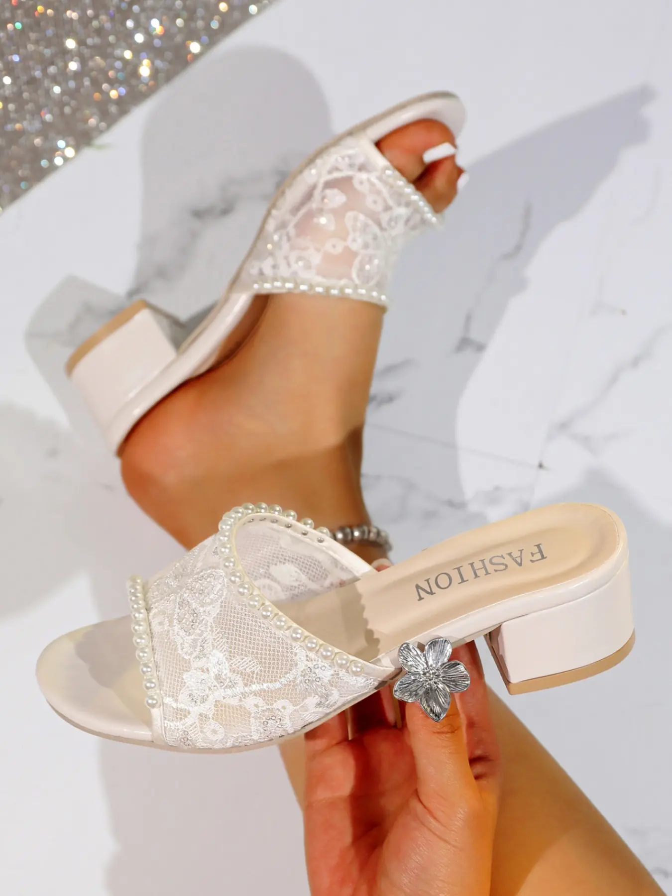 Elegant Women's Mesh Sandals, Embellished Sandals, Imitation Pearl Embroidery, Office High Heels, Wedding Shoes, Stylish and Comfortable Footwear
