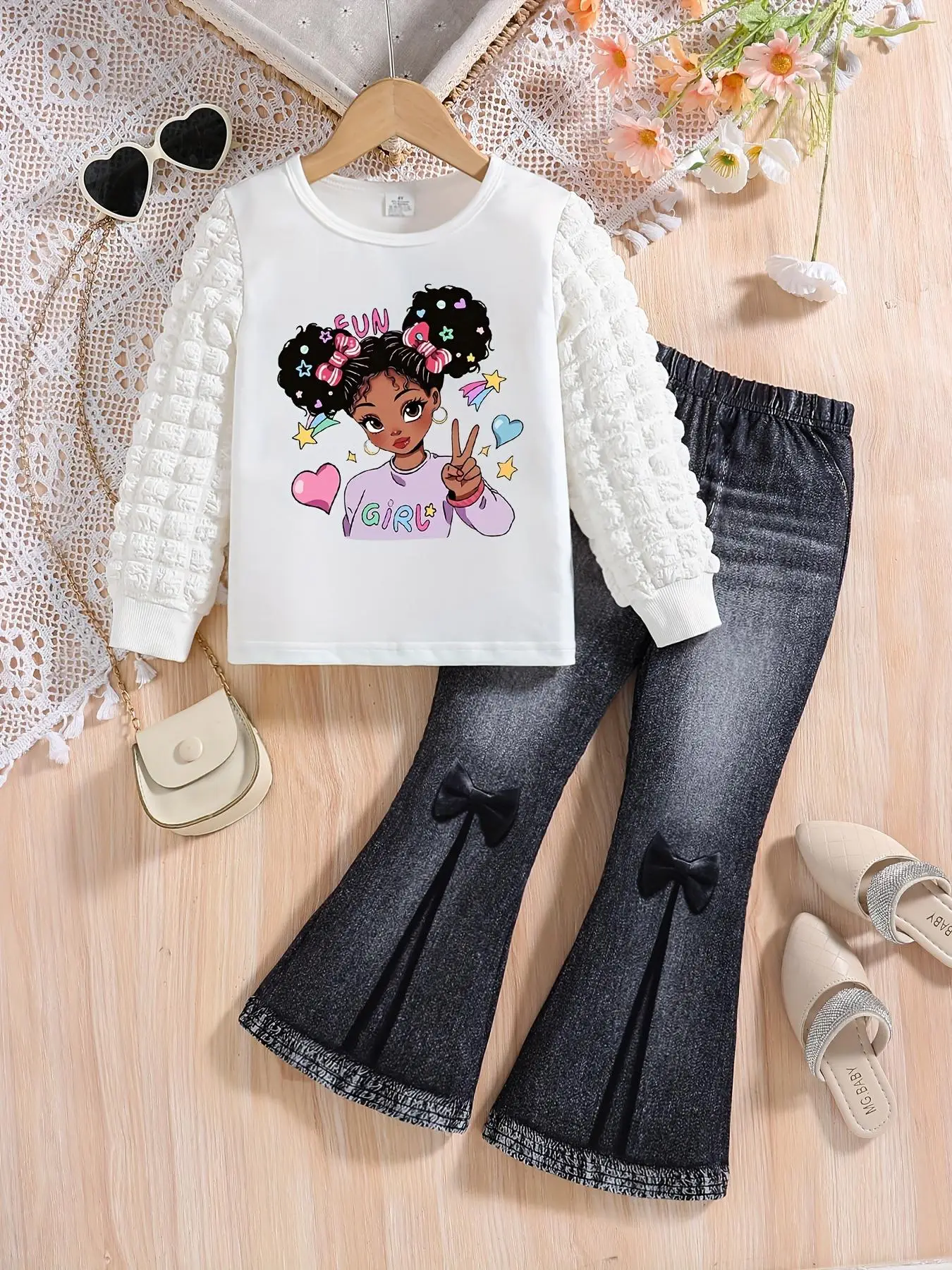 Two-piece Set Girl's Cartoon Girl Print Long Sleeve Tee & Denim-Effect Print Flare Leg Pants Set, Cute Casual Round Neck Plaid Striped Bubble Sleeves