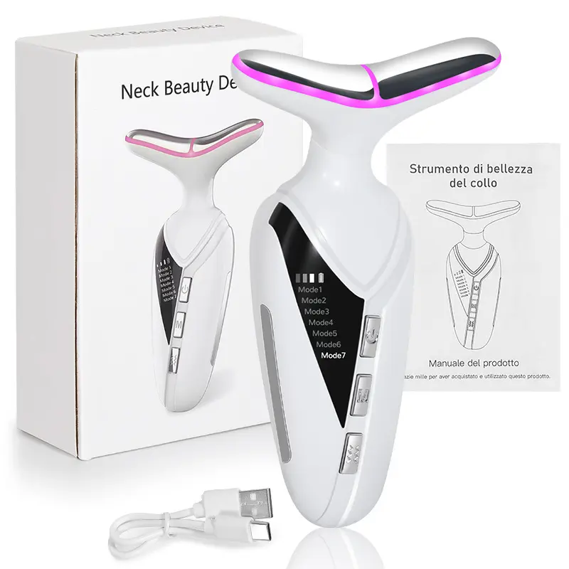 Neck Beauty Device,7 In 1 Skin Care Tools,Neck Lines and Nasolabial Lines Artifact, High Frequency Vibration Hot Compress Facial Massage Beauty Instrument(White)
