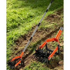 Rotary Cultivator Garden Tool, Adjustable Long Handle Hand Tiller with Star-Shaped Rolling Tines, 2-in-1 Weeder & Soil Aerator for Lawn Care, Reseeding Grass, Soil Mixing, Manual Yard Tiller