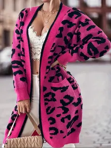【Plus Size】 Leopard Print Contrast Binding Drop Shoulder Oversized Cardigan, Casual Long Sleeve Open Front Knitwear Tops for Fall & Winter, Women's Plus Clothing for Daily Wear