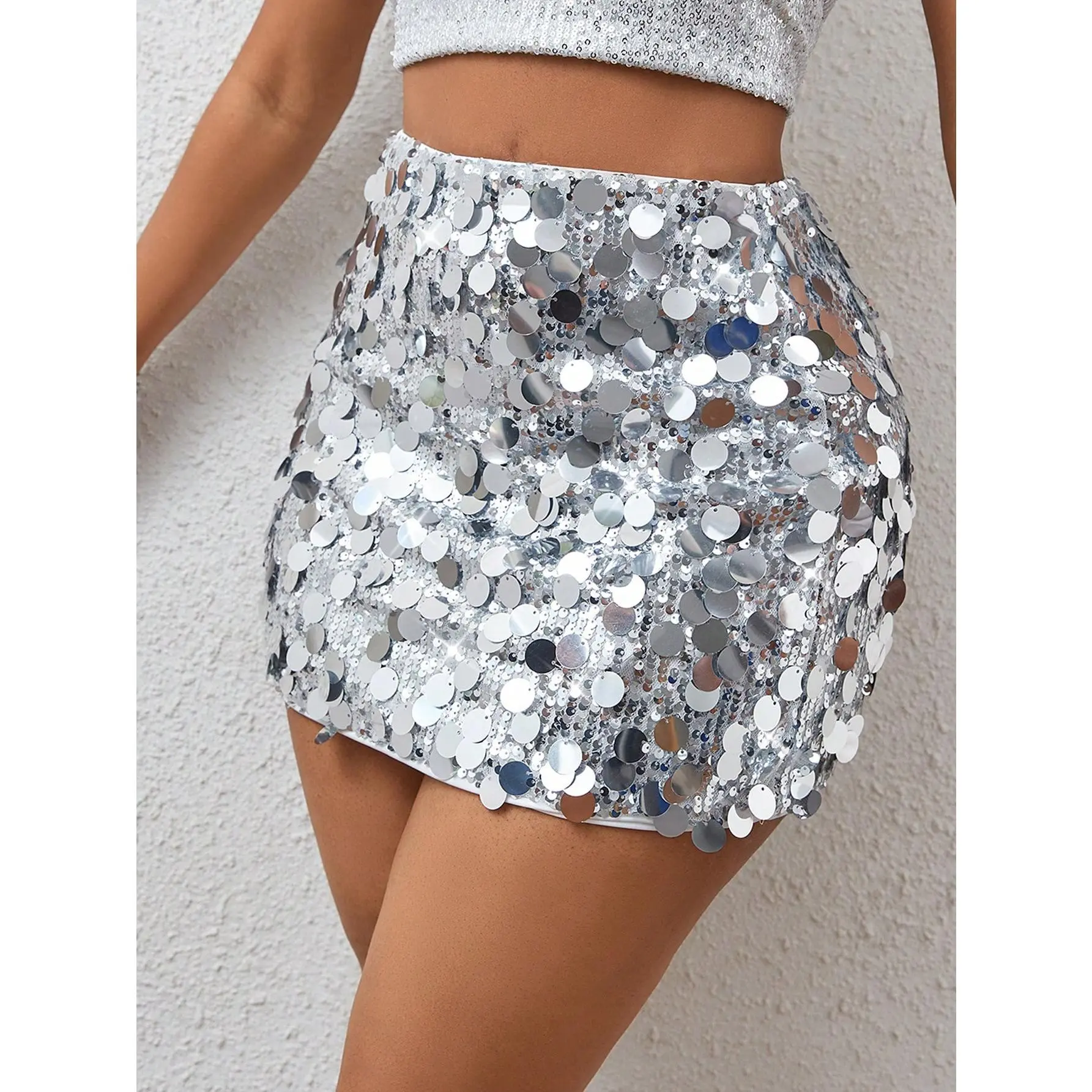 Women's High-Waist Sequin Polyester Bodycon Skirt - Stretch, Zippered Front, Hand Wash Only, Do Not Dry Clean, Ideal for Parties, Music Festivals