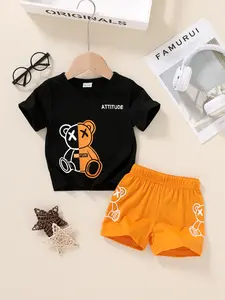 2-piece Set Of Soft, Comfortable, Cute Letter Cartoon Bear Print T-shirt And Sports Shorts Suitable For Casual Daily Vacation Parties For Baby Boys Toddler Outfit