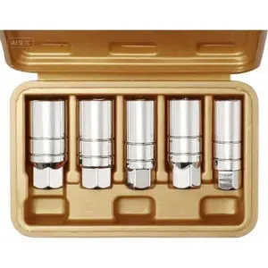 5-Piece 6-Point Spark Plug Socket Set - 3/8-Inch Drive - Includes 5/8-Inch, 3/4-Inch, 13/16-Inch, 14mm, 18mm Sizes - Durable Chrome Vanadium Steel - Non-Slip Design - Professional Automotive Tool Kit