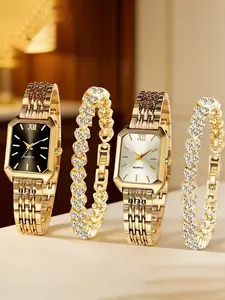4-piece elegant women's watch and bracelet set |, quartz watch, classic rectangular dial, alloy strap, ideal choice for Easter or casual wear