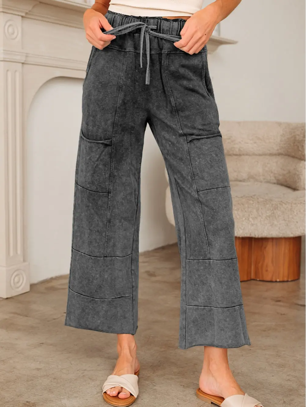 Medium Grey Mineral Wash Lace-up High Waist Raw Hem Patched Pocket Pants