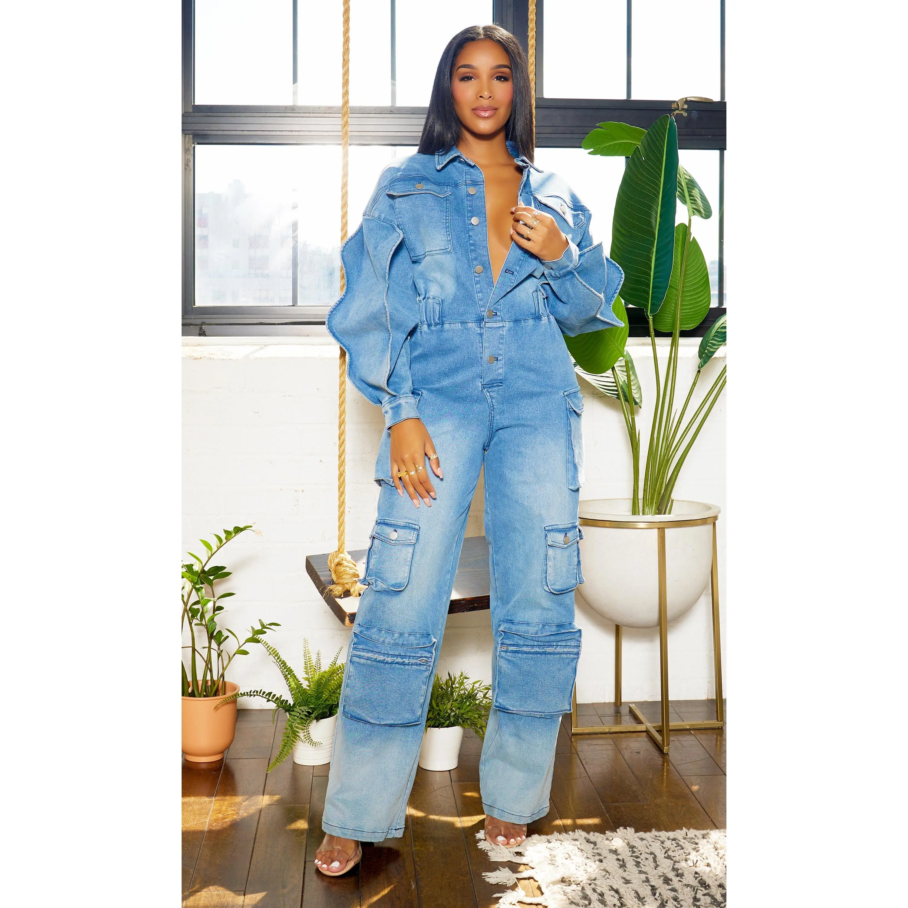 Long Wave Sleeve Cargo Denim Jumpsuit - Medium Wash Preorder Ships Mid July