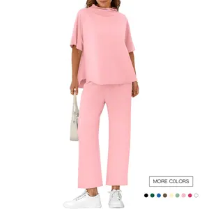 Danedvi Women's 2-Piece Lounge Set - 3/4 Batwing Sleeve Capelet Crew Neck Pullover Top, Wide Leg Pants - Spring Loungewear Outfits