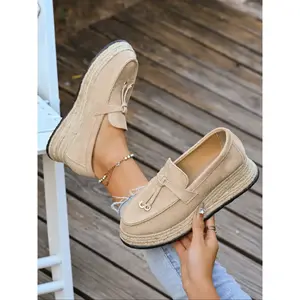 Spring & Fall New Deep-Heel Thick-Sole Straw Slip-On Loafers, Fashionable Tassel Casual Shoes, Comfortable Easy-Wear Flats