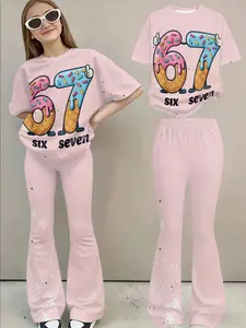 Sweet Cool Ice Cream Number 67 Star Flare Pants Set, Girl Casual Two-Piece, Fitted Long Regular Fit, All over Print