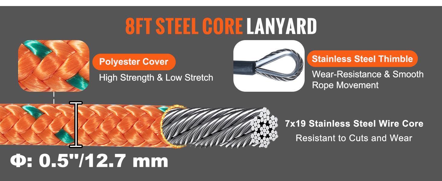 VEVOR Steel Core flipline, 1/2" x 8' Arborist Flipline, Flip Line for Tree Climbing with Alloy Steel Snap Hook, Aluminum Alloy Carabiner and Extra Tool Lanyard, for Arborist, Tree Climbers