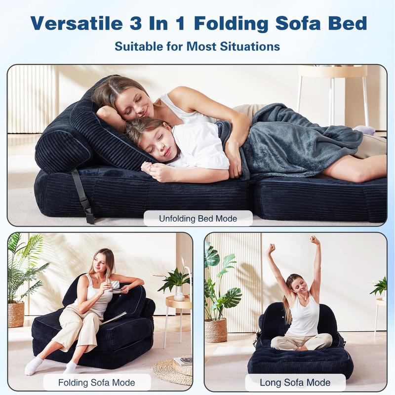 【Valentine’s Day Gift】 63.77" Boneless Foldable Sofa Bed by Neslako, Cloud Couch Sleeper Sofa with High Resilience Memory Foam, Removable Corduroy Cover, One Touch Folding Design, No Assembly