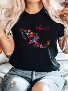 Graphic Tees Women, Camiseta Para Mujer Con Diseño De Bordado Mexicano Otomi, Pájaros Y Mapa De México Con Flores