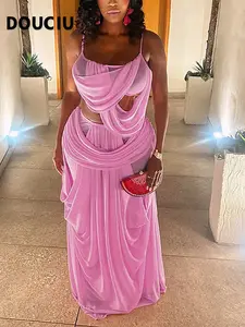 DOUCIU Elegant Formal Summer Party Dress Set, Sexy Sleeveless Spaghetti Strap Thin Mesh Sheer Halter Top & Skirt Two-Piece, Maturing Beautiful Women's