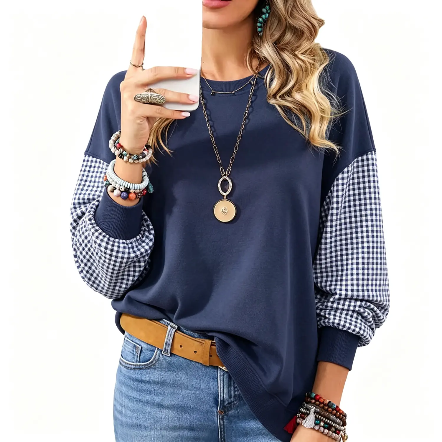 Womens Colorblock Hot Shot Long Sleeve Round Neck Pullover Tops Plaid  Womenswear Sweatshirt