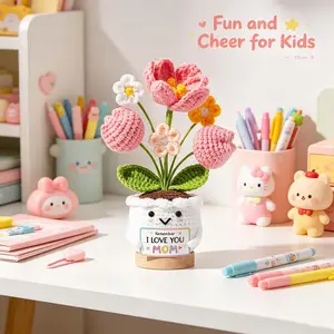 Aesthetic Handwoven Crochet Flowers in Cute Smiling Pot with Wood Stand, Unique Mother's Day Knitted Potted Plant with "I Love You Mom" Card, Creative Sentimental Birthday Christmas Gift for Mom Women