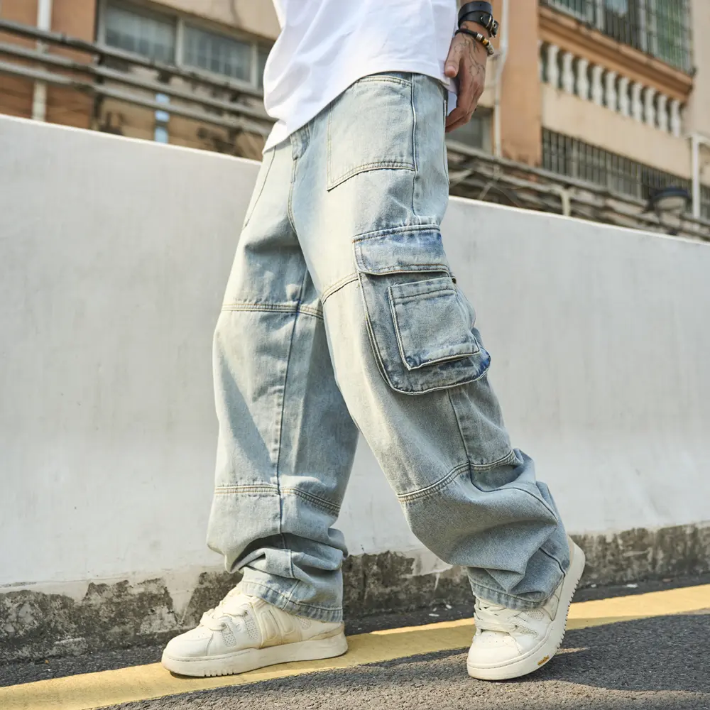 Men's Vintage Baggy Cargo Jeans, Mid-Rise Straight-Leg Cotton Carpenter Pants with Multiple Pockets for Casual Streetwear, No, Roomy Baggy Cut, Vintage Looks