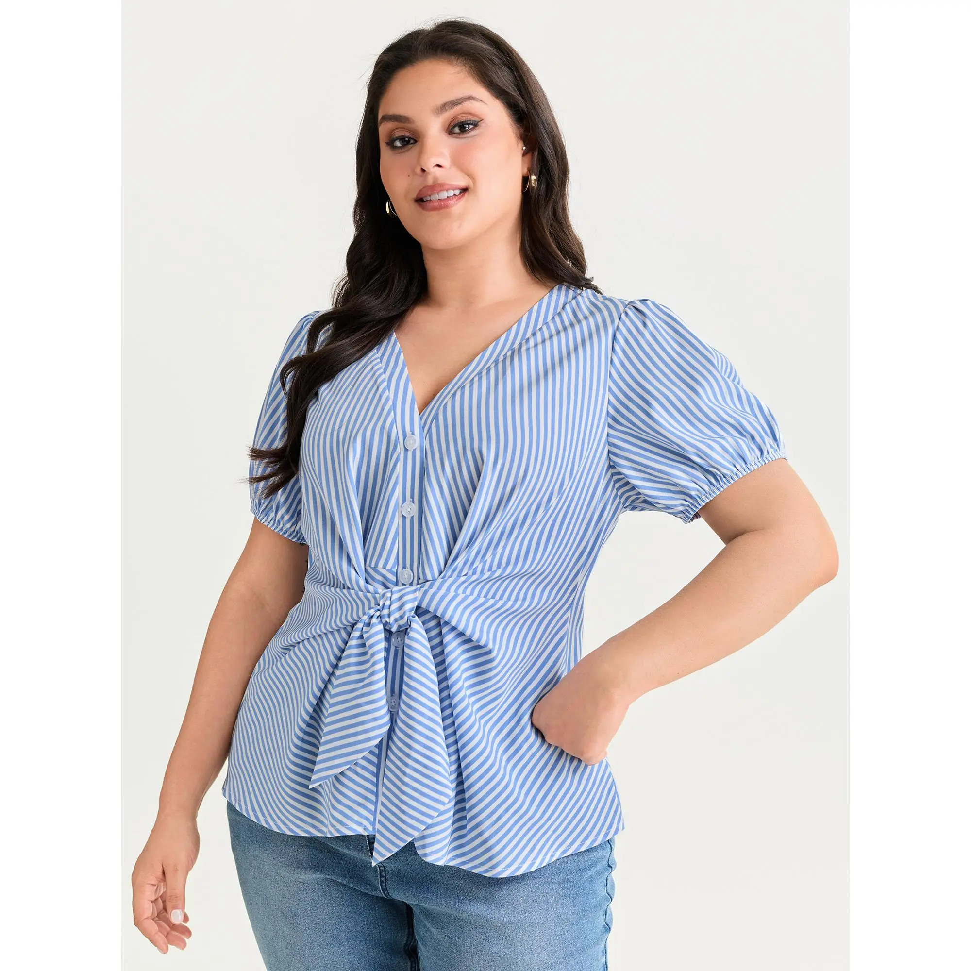 BloomChic Women's Plus Size Comfy Casual Striped Polyester Top with Puff Sleeves and an Adjustable Lace-Up Tie Front, Garment, Fabric, Shirts