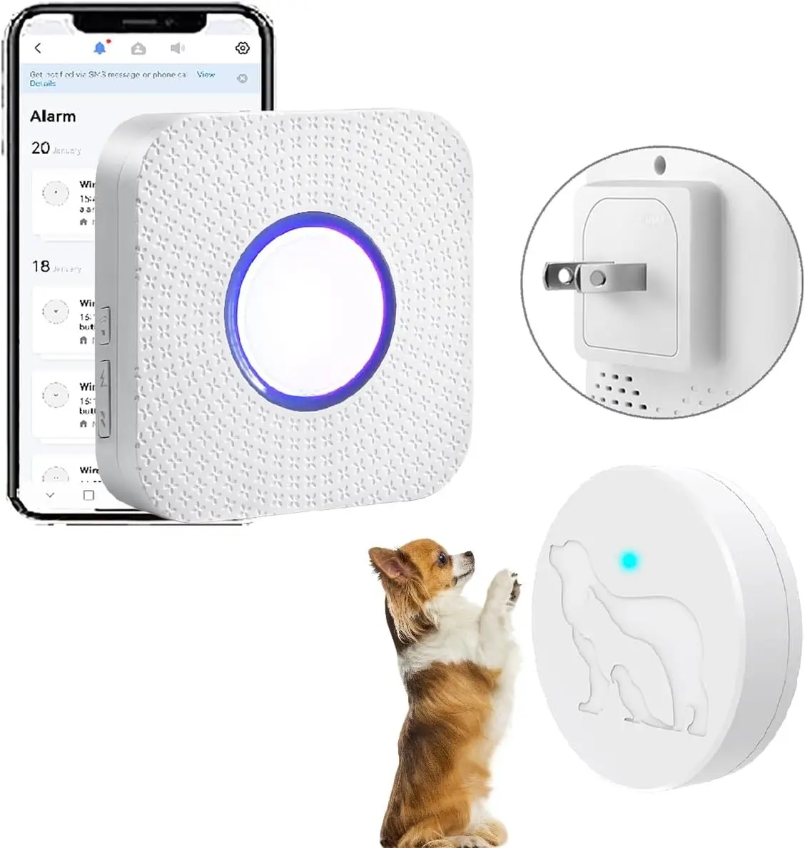 Wireless WiFi Dog Door Bell for Potty Training, Phone App Sync, Waterproof Touch Button with Large Activation Range, 1 WiFi Receiver & 1 Button, One Unit