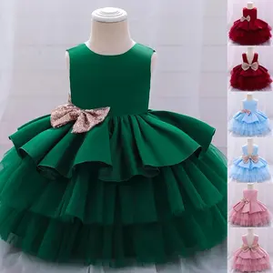 Green Kids Clothes 1966 Tulle Cake Sequins Bow Flower Girls Frock Ball Gown Pageant Children Elegant Princess Prom Host Formal Evening Party Cocktail Dress 0-5Y