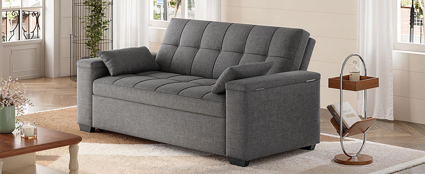 Gizoon 3 in 1 Convertible Sofa Bed Queen 63.6'' Pull Out Couch with Storage Armrests Sofa Cama, Adjustable Backrest & Pockets Linen Loveseat Sleeper for Small Apartment Living Room