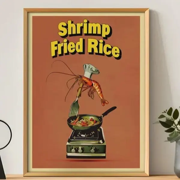 Shrimp Fried Rice Funny Unframed Retro Unframed Print Pop Art Style Whimsical Seafood Poster for Man Cave Decor