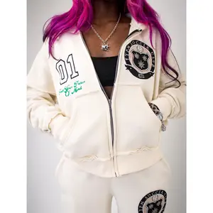 "Soccer Club" Zip-Up – Cream, Drop Shoulder Long Sleeve, Casual All Seasons, Medium Length, Premium Cotton Blend, Beige Crest, Varsity "01" Patch, Green Text, Cropped Relaxed Fit, Front Zipper, Kangaroo Pocket