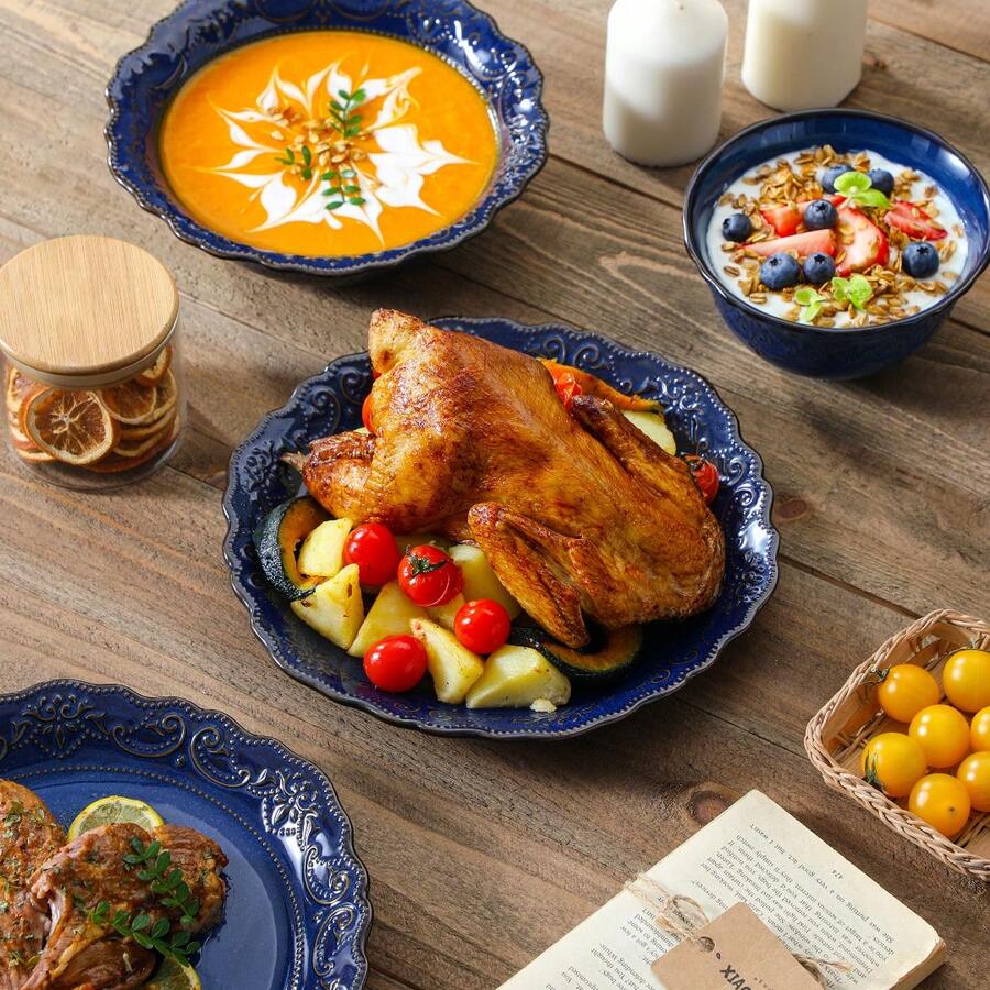 16 Piece Ceramic Dinnerware Sets, Kitchen Dinnerware, Blue Dinnerware With Bas-Relief Around The Edge, For 4 People, Dinner Plate, Dessert Plate, Bowl And Soup Plate