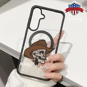 Magnetic Phone Case Compatible with Galaxy S23 Ultra S24 Plus S25 S22+ FE Western Skull Acrylic Back TPU Edges Clear support wireless charging Bumper Cover for Male