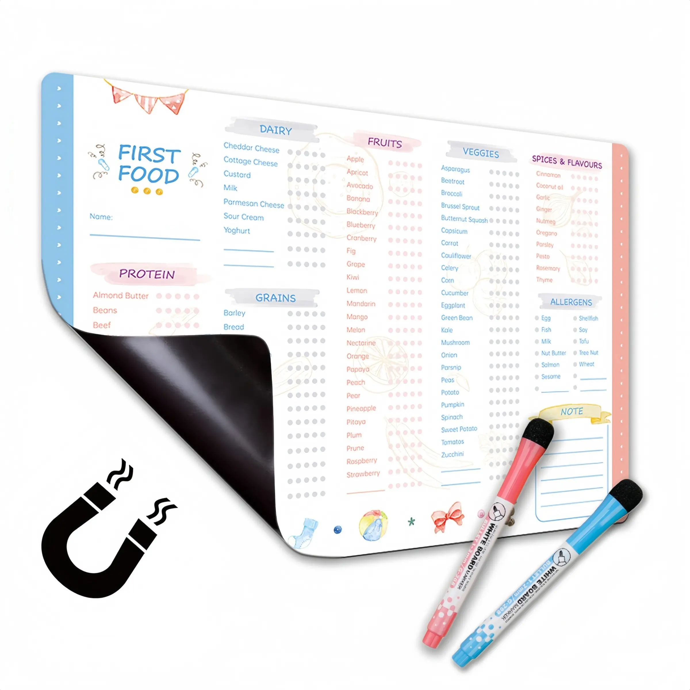 Infant Food Tracking Chart Set with Magnets, Magnetic Feature, Easily Attach, Includes 2 Whiteboard Pens, Markers, Reusable Erasable, Reusable Surface, Ideal for Kitchen and Home Decor, Meal Planner for Fridge