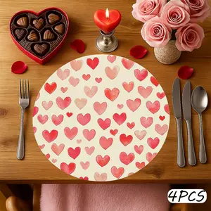 4pcs Cute Romantic ArtisticValentine's Day Placemats, Heart Pattern Pink Minimal Scatter-38.1cm Round Polyester Washable Table Mats for Home,Banquet, Party Dining, Festive Place Settings, Romantic Table Setting, Valentine's Day decoration