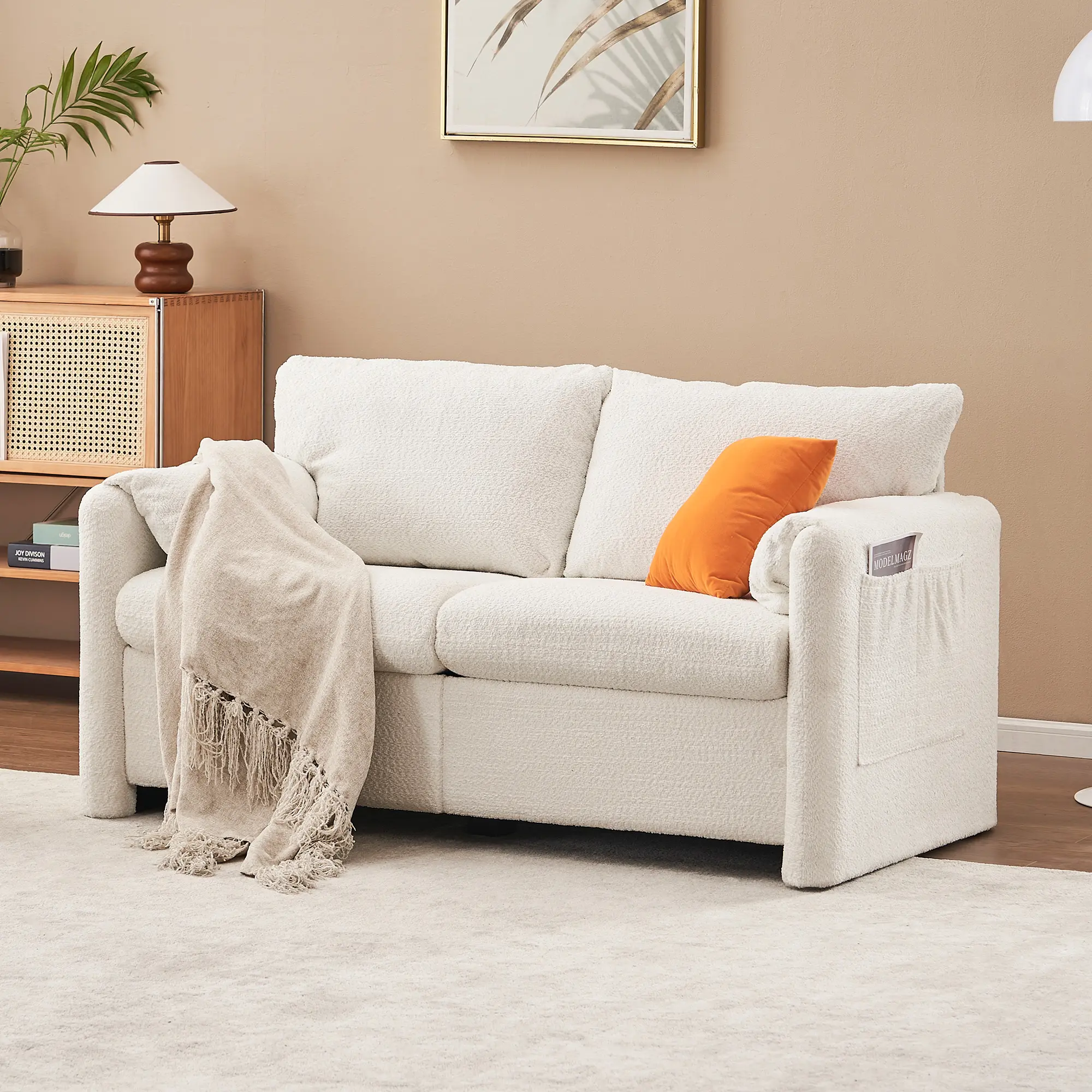 Ivory White 2-Seater Sturdy Iron Frame Modern Glam Loveseat Sofa - Plush Chenille Fabric, High-Density Foam Cushions, 33x59x35in Space-Saving 100.3lbs Compact Couch for Small Living Rooms, Note: Use Steam Iron Carefully