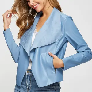 Women's Faux Leather Lapel Blazer Jacket Slim Open Front Cropped PU Leather Long Sleeve Fitted Motorcycle Outwear Biker Jackets for Women Casual Summer Top Outerwear