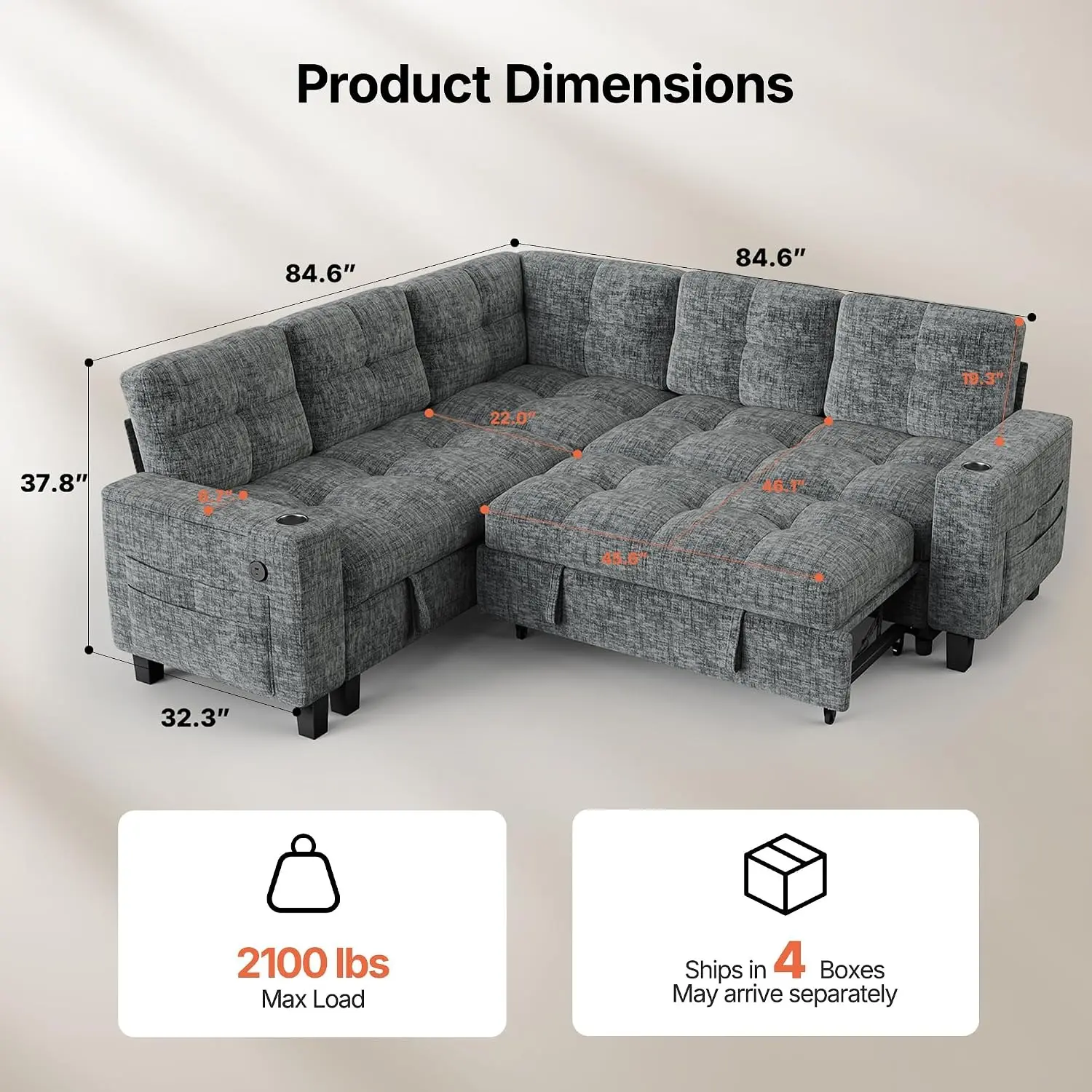AMADA HOMEFURNISHING Light Gray Chenille 85 Inch Modular U‑Shape Sleeper Sofa,  5‑Seat Sectional Couch with Pull‑Out Bed, Hidden Storage, USB and Cup Holders for Living Room