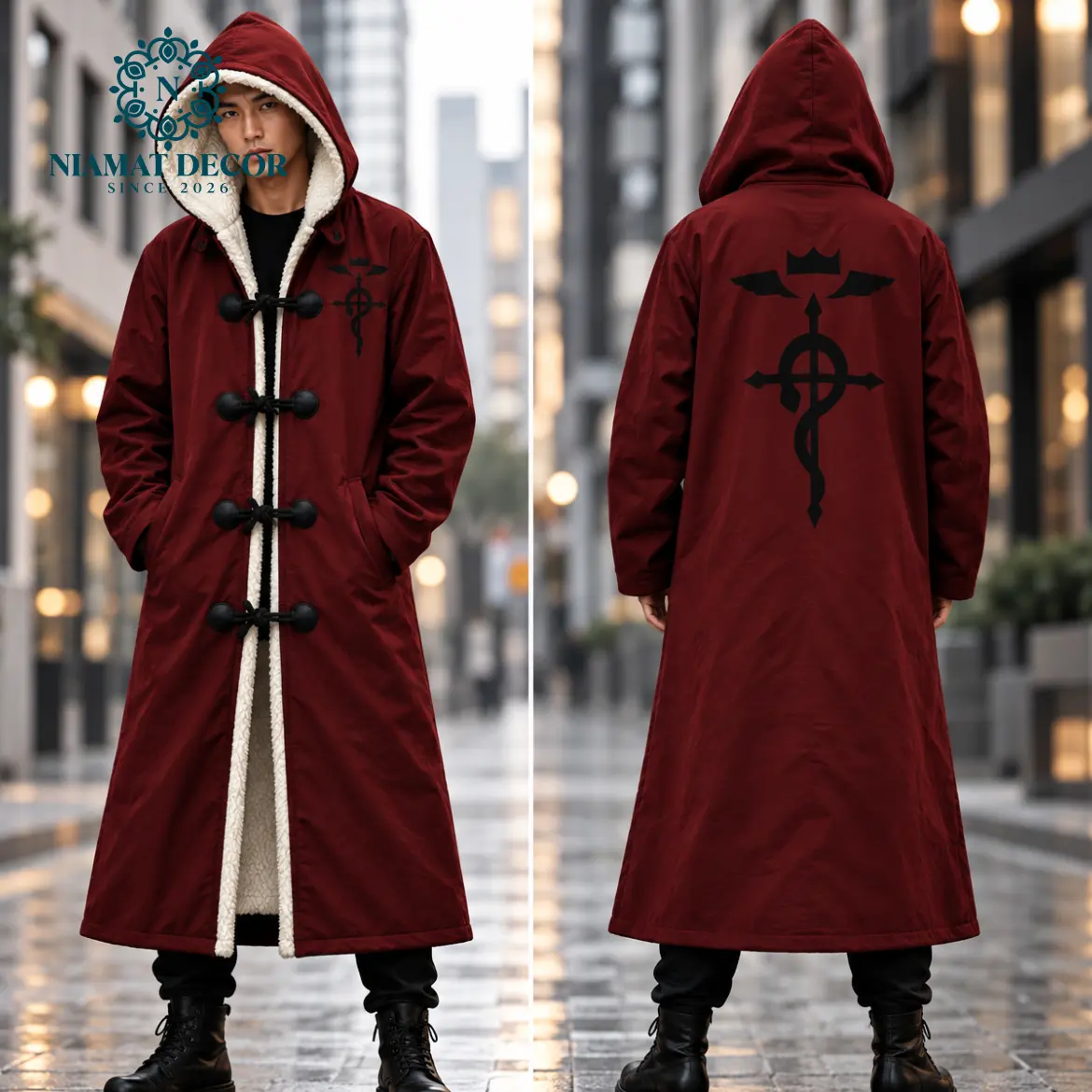Men's Fullmetal Alchemist Inspired Long Hooded Trench Coat, Burgundy Red Flamel Symbol Cloak with Soft Fleece Lining, Unisex Anime Cosplay Jacket, Toggle Button Closure, Oversized Gothic Streetwear Winter Coat, Halloween Outfit