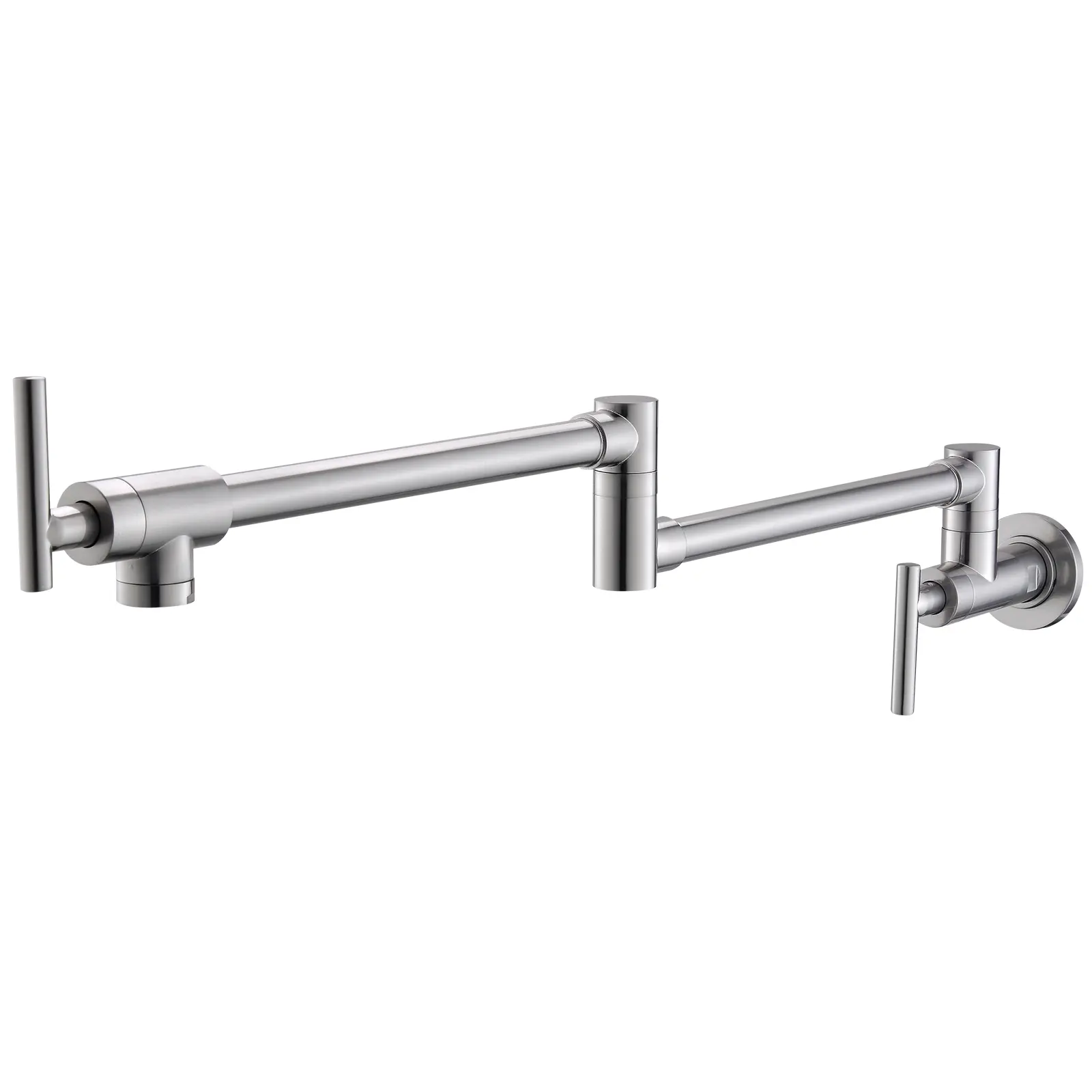 304 Stainless Steel Wall-Mount Pot Filler Faucet for Kitchens, Double-Arm Swing Design, Dual-Handle 360° Rotation 1-Hole Fit Tap for Residential Stoves, Coffee Machines