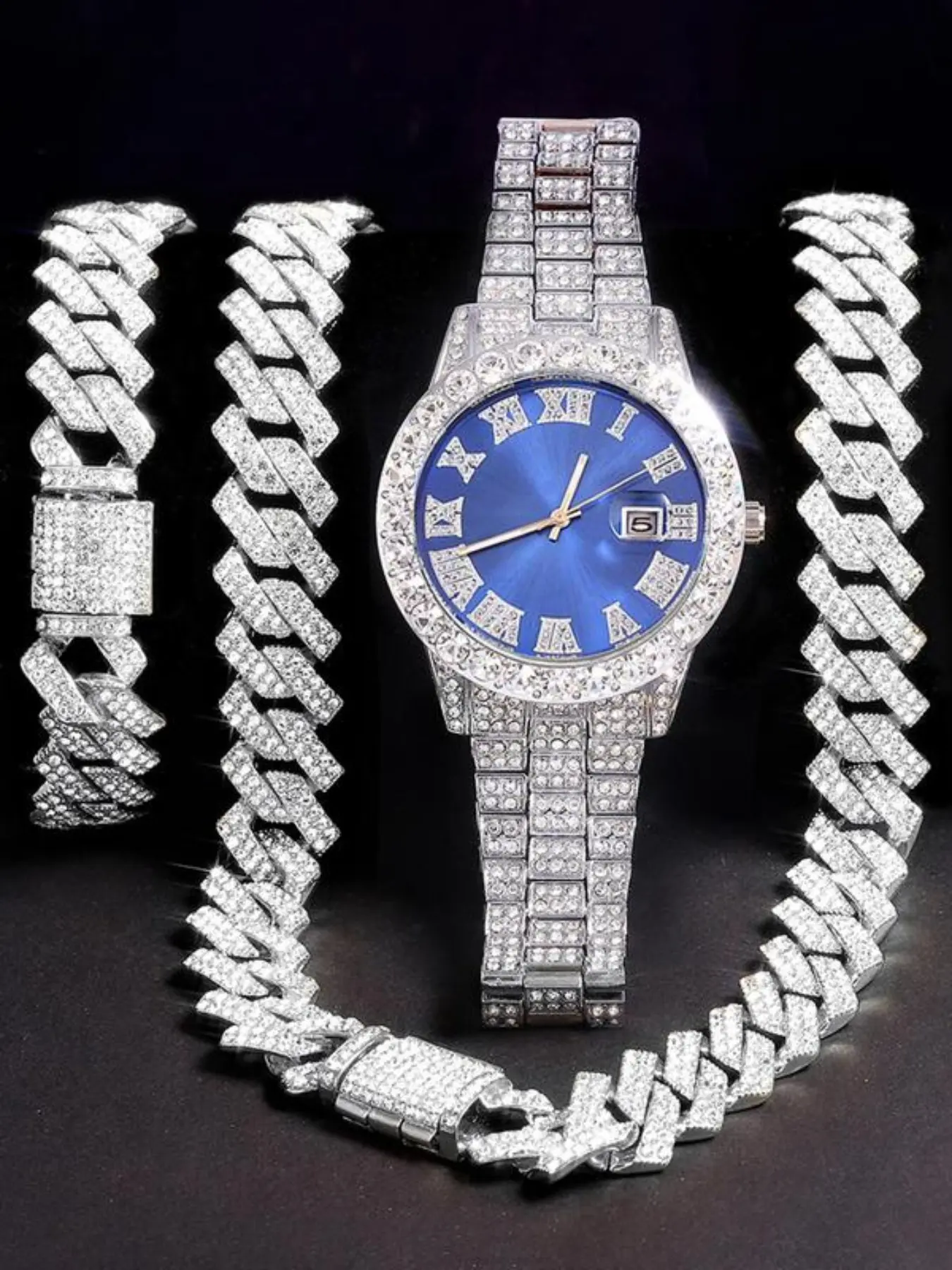 Men's Street Style Zircon Quartz Bling Watch Set with Cuban Chain and Bracelet, Exquisite Watch Set, Fashion Party Wear, Daily Decoration, Perfect Birthday Gift