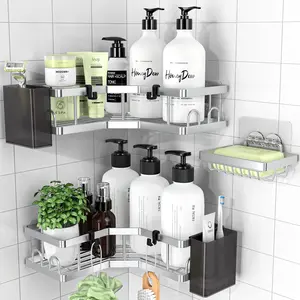 PKBD 3-Pack Corner Shower Caddy, Rustproof Stainless Steel No-Drill Bathroom Organiser with Soap Holder, Hooks, and Toothpaste Holder, Suction-Mounted Bath Washroom Storage Accessory