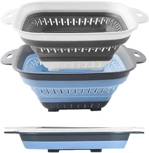 Collapsible Silicone Colander Set (2 PCS) – Space-Saving Kitchen Strainers for Pasta, Vegetables & Fruit, Blue & Gray