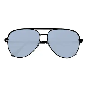 KEY - Oversize Large Flat Lens Metal Aviator Sunglasses Black Silver Mirror