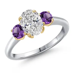 1.50cttw 10K White Gold IGI Certified Lab Grown Diamond and Purple Amethyst 3-Stone Engagement Ring For Women | Center 1.00 Ct Diamond | E-F Color | VS1-VS2 Clarity